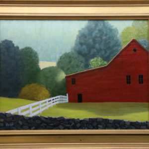 Painting of a Red Barn and a White Fence